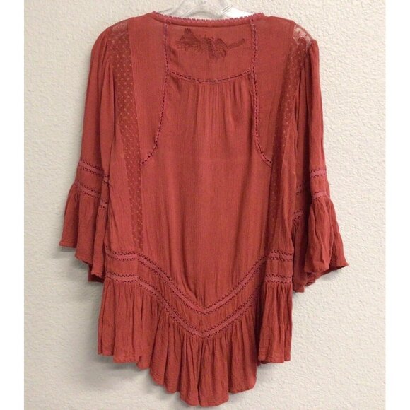 Free People Boho Tunic Top Blouse Size XS Pin Tuck Buttons Burnt Orange - Picture 2 of 10